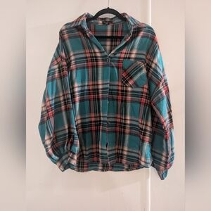 Teal and Red Plaid Women's Button Down Shirt